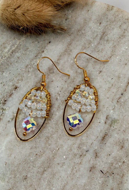 Gold Oval Glitzy Crystals with Clover Accent Earrings