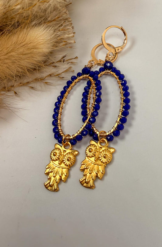 Gold Chandelier Earrings with Navy crystals and Gold Owl Charm