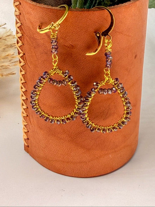 Wire Wrapped Dark Lavender Chandelier Tear Drop Crystal Earrings