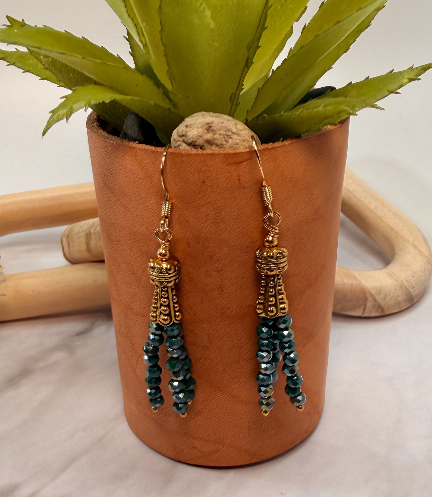 Green Crystal Tassels Dangle earrings with Gold accents and
