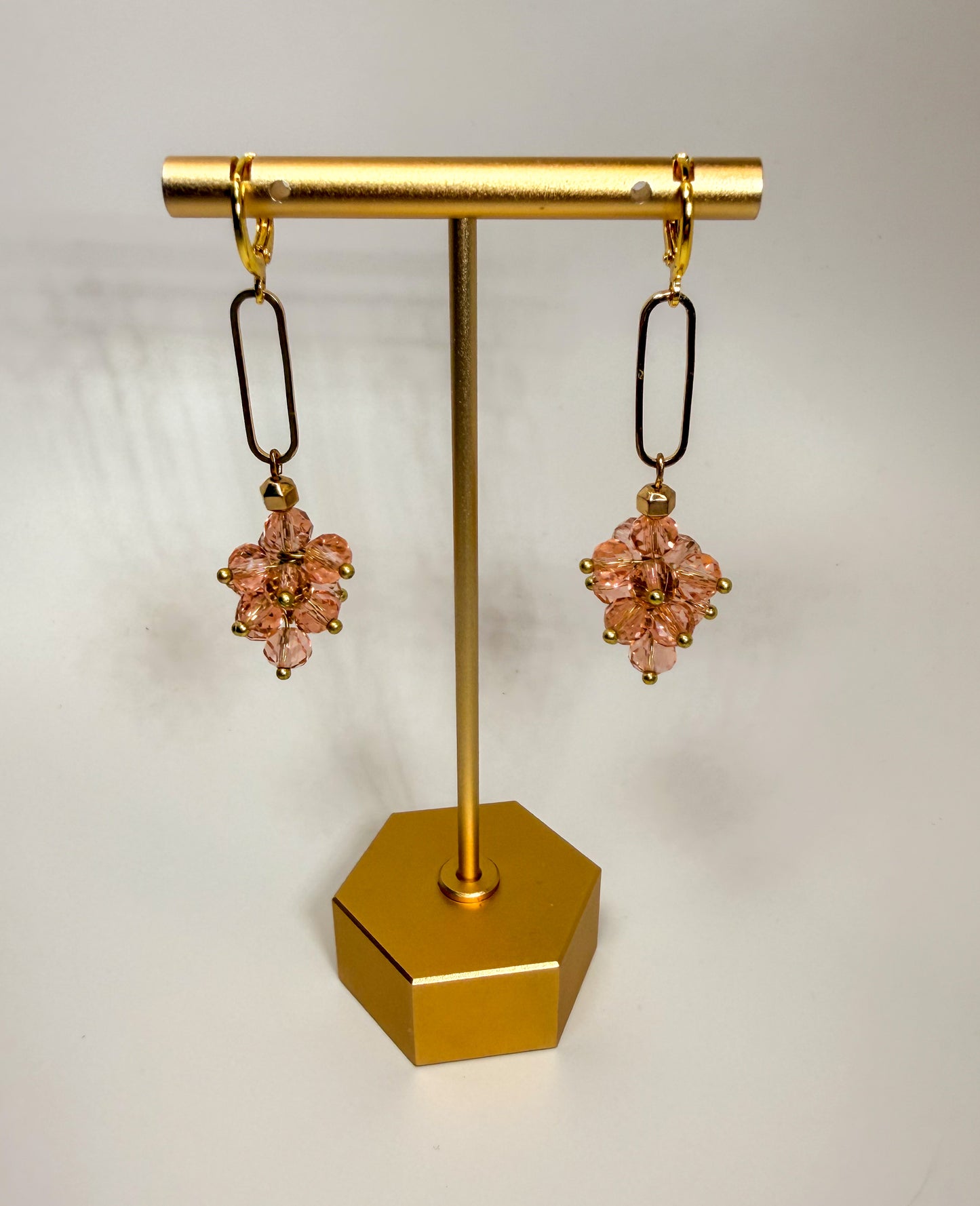 Rose Pink Cluster Crystals Long Golden Earrings
