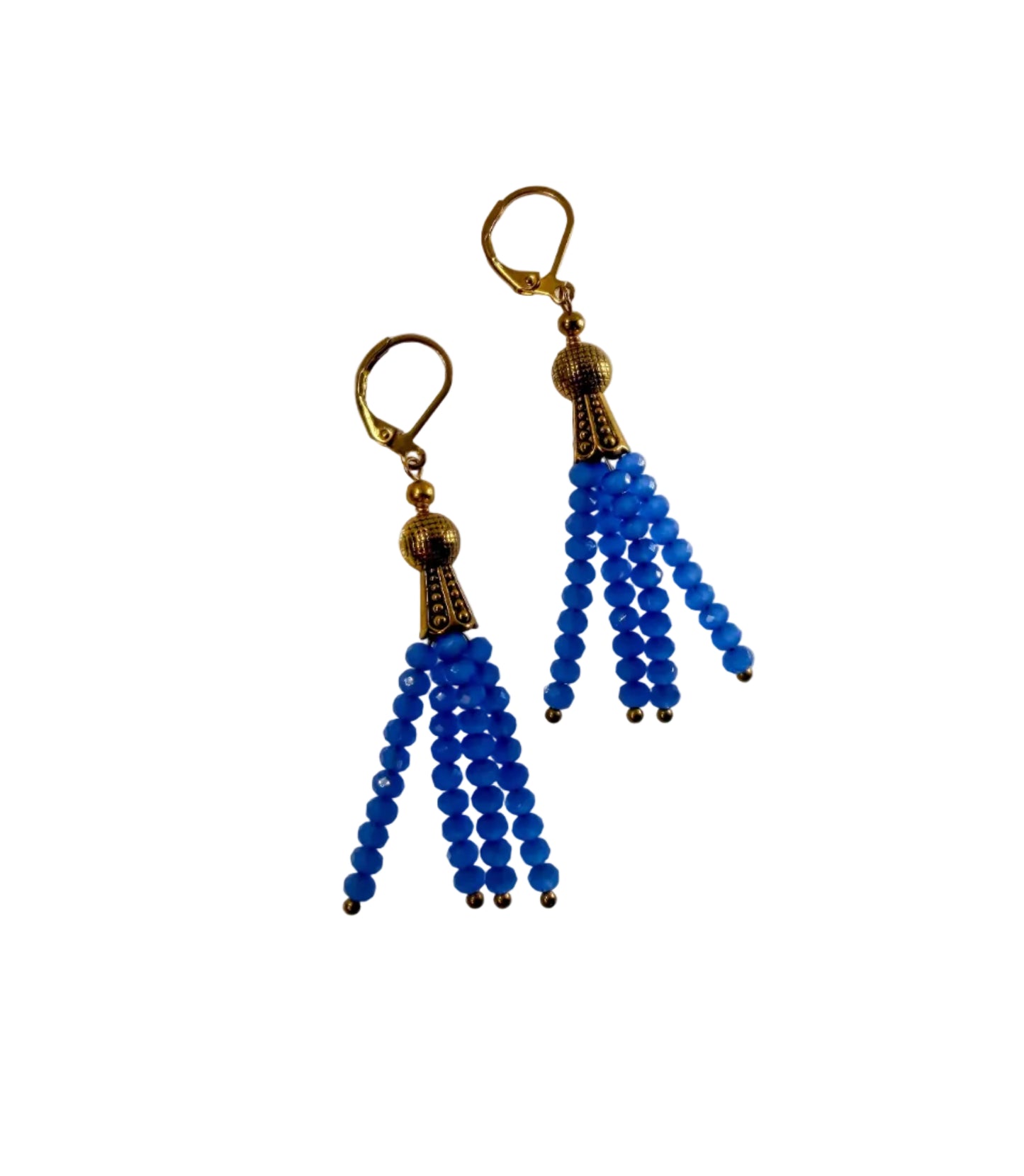 Electric Blue Glass Crystal Tassel Earrings with Gold accents