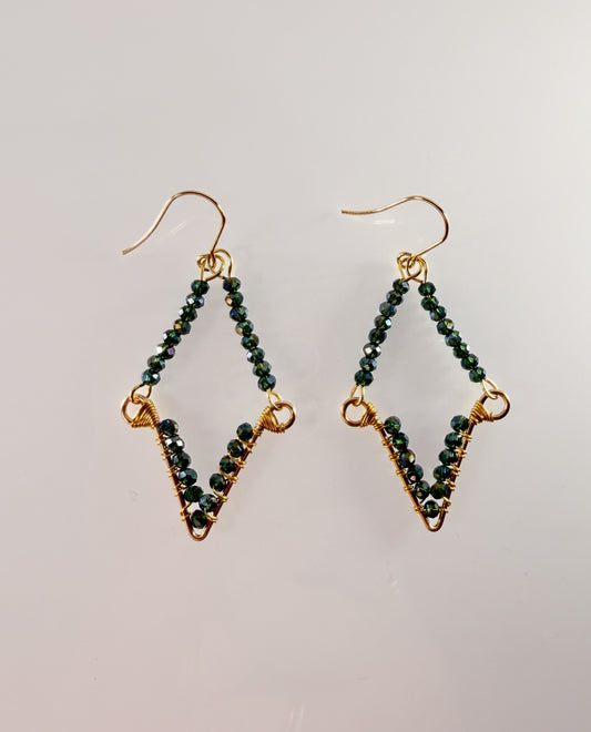 Crystal Hunter Green Glass Beaded Gold Dangle Statement Earrings
