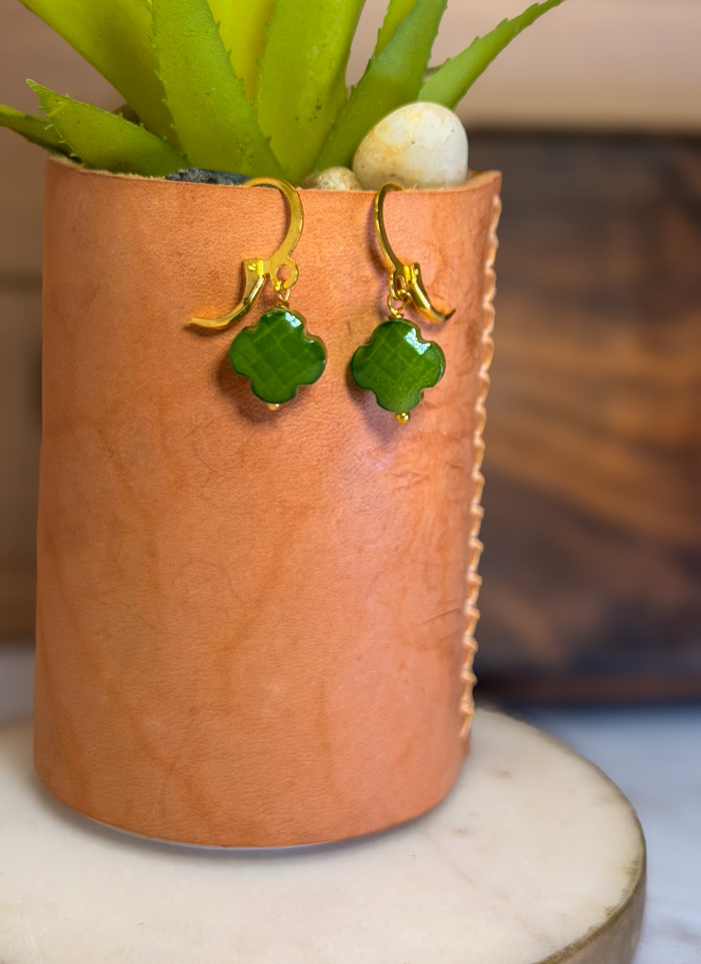 St. Patricks Four Leaf Green Faceted Hand cut Stone Clover Petite Gold Huggie Closure Earrings