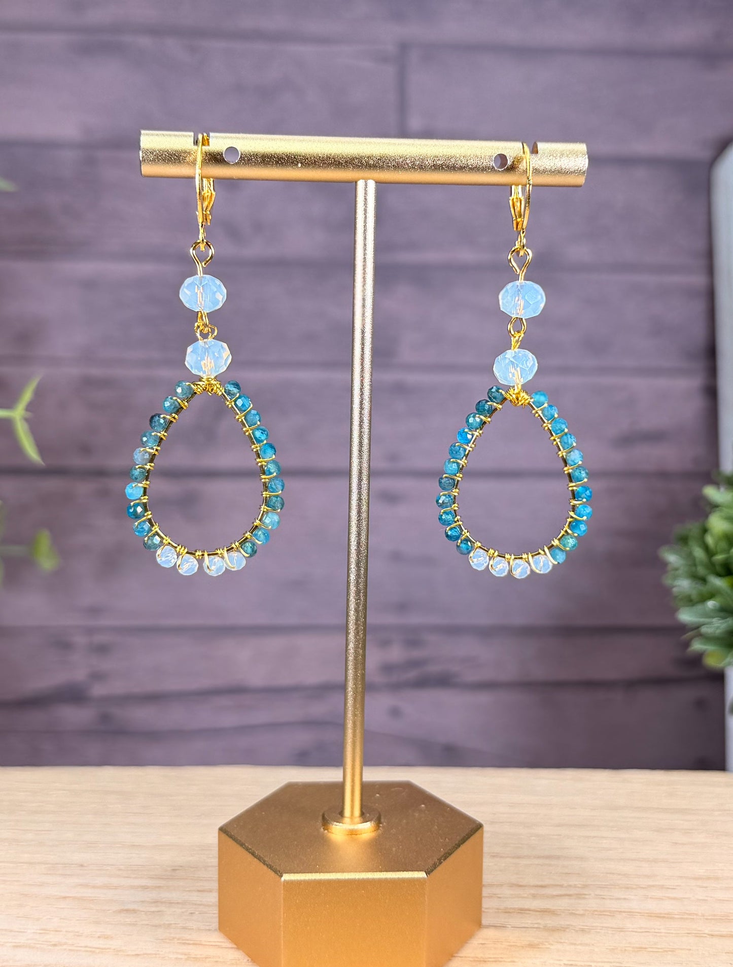 Natural Apatite hand cut faceted beads with milk moonstone beaded teardrop golden chandelier earrings
