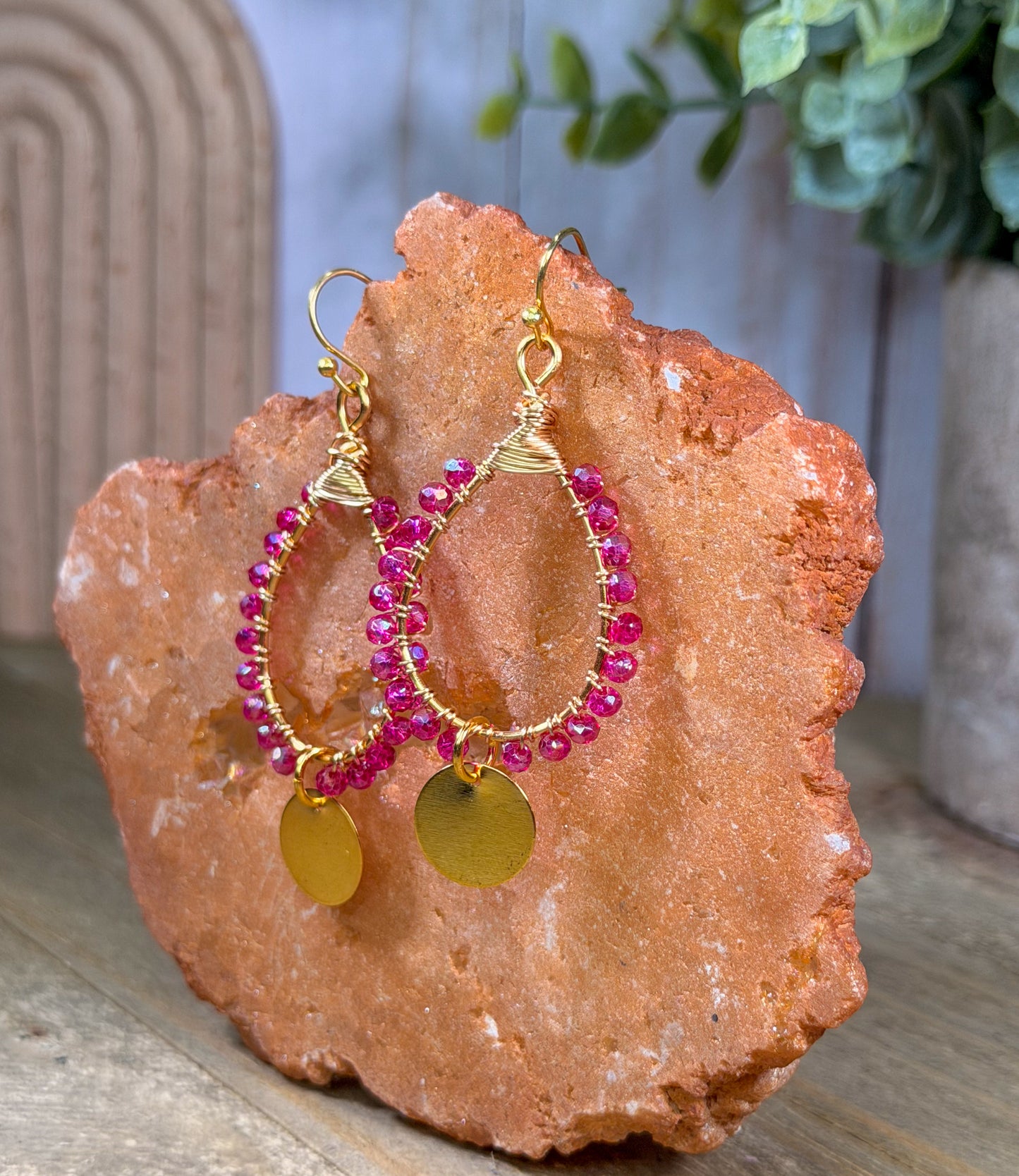 Teardrop electric faceted pink crystals wire wrapped teardrop chandelier earrings with gold disc charm