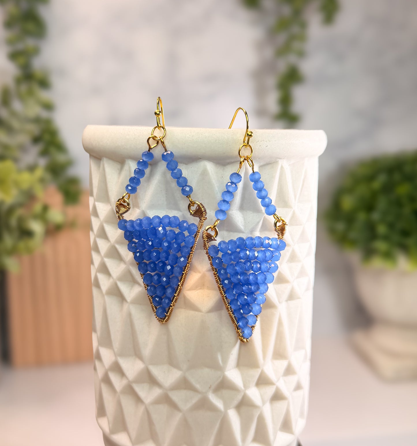 Electric Blue Diamond earrings with Golden wire wrapped accents-Statement Earrings