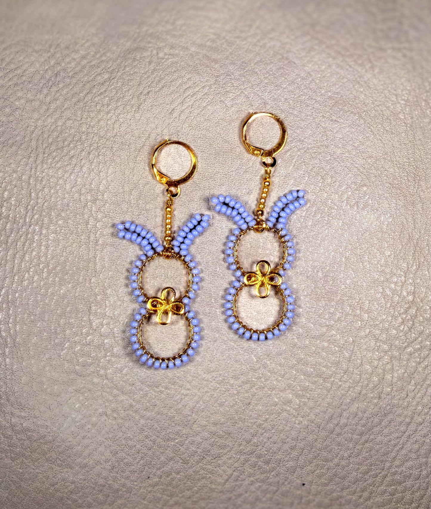 Easter Bunny in lilac with 14k gold bowtie and huggie closure earrings in a warm golden color