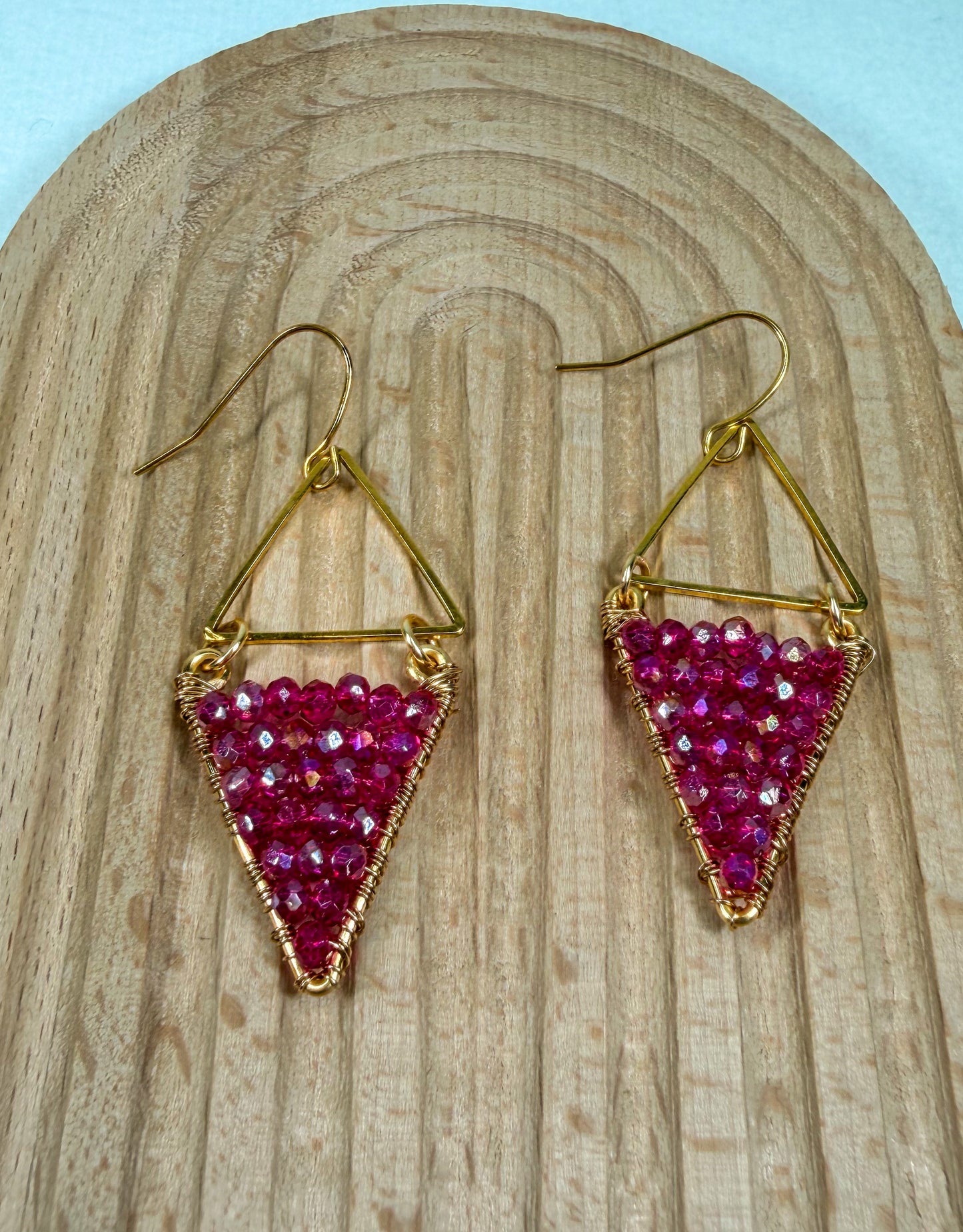 Diamond bright pink crystal beads dangle earrings with gold triangle and huggie Closure