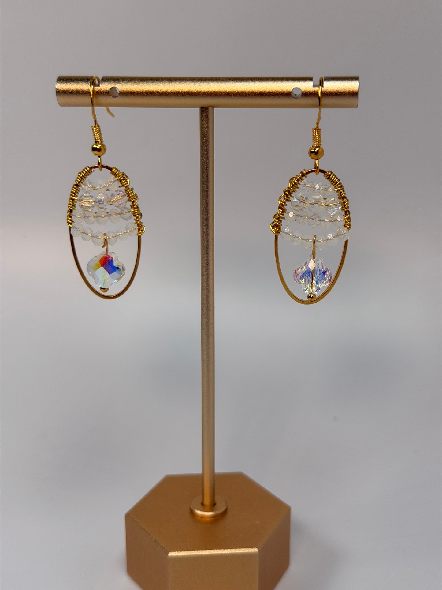 Gold Oval Glitzy Crystals with Clover Accent Earrings