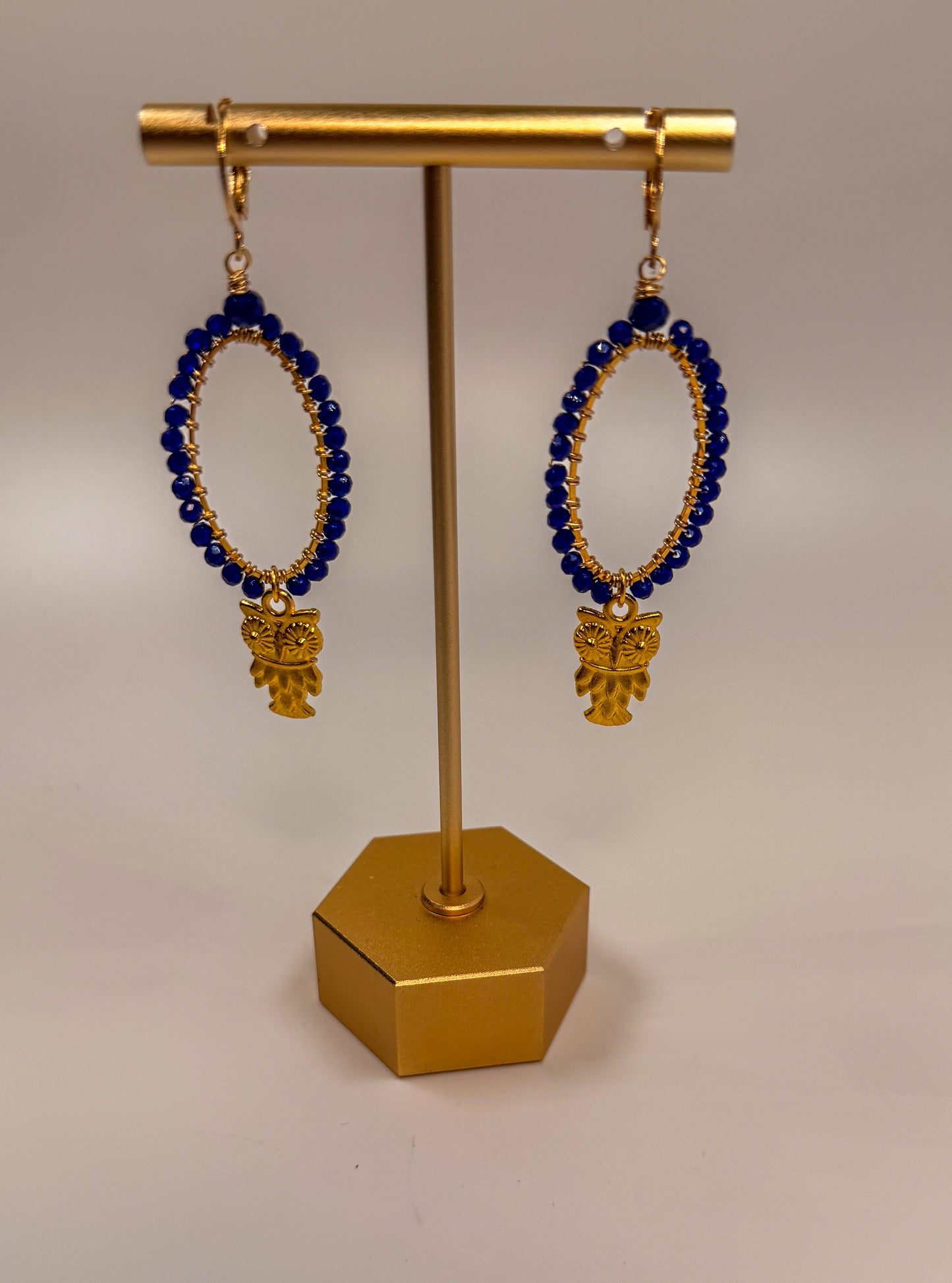 Gold Chandelier Earrings with Navy crystals and Gold Owl Charm
