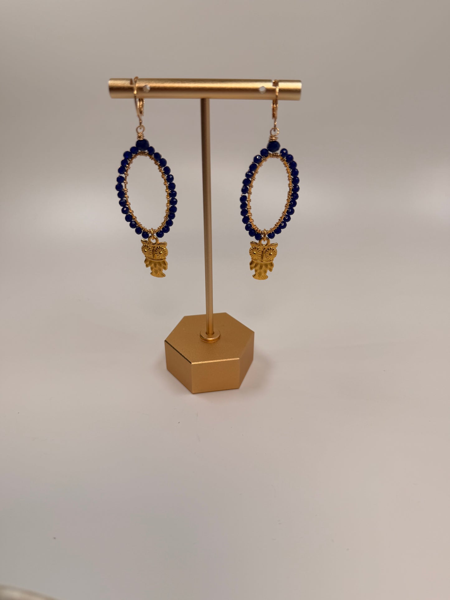 Gold Chandelier Earrings with Navy crystals and Gold Owl Charm