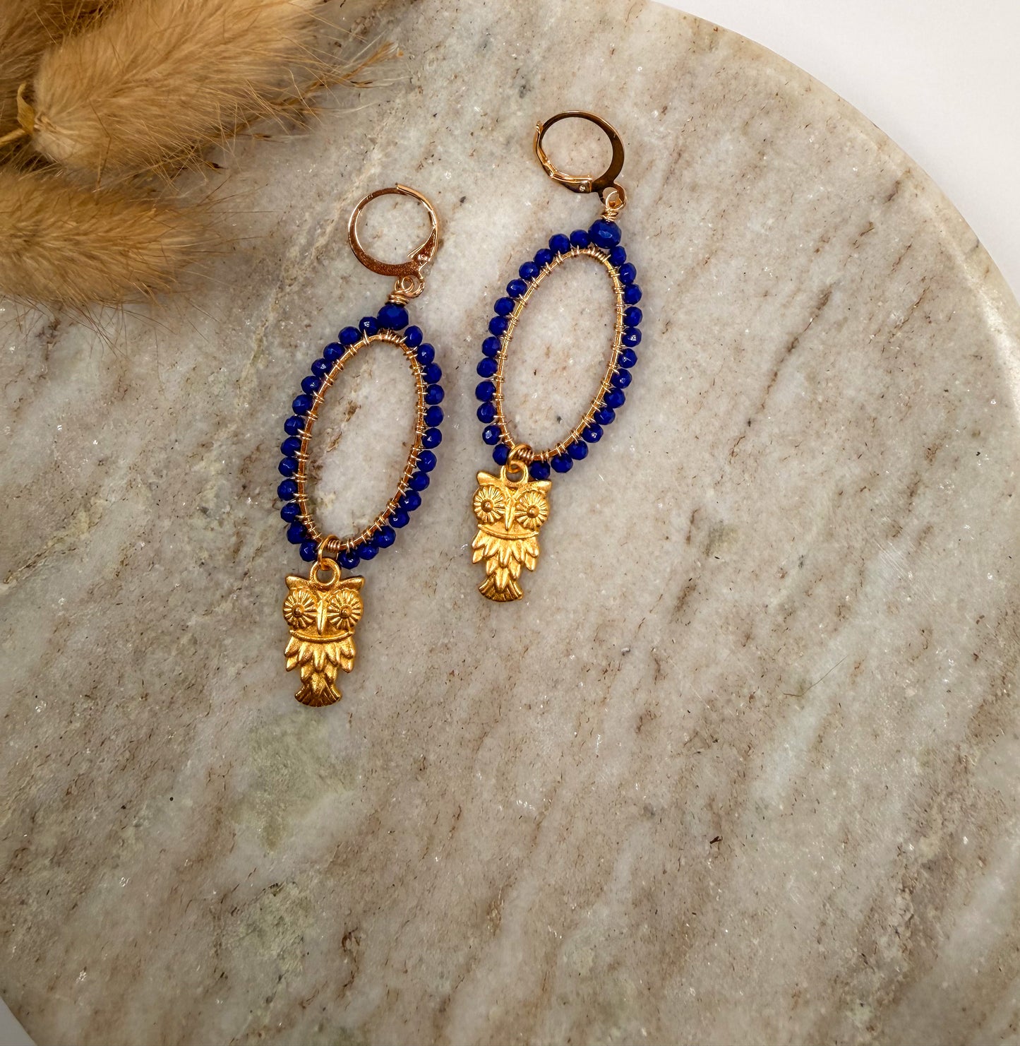 Gold Chandelier Earrings with Navy crystals and Gold Owl Charm
