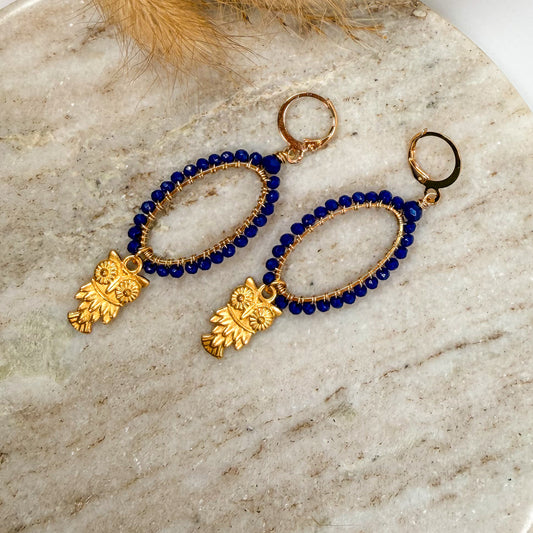 Gold Chandelier Earrings with Navy crystals and Gold Owl Charm