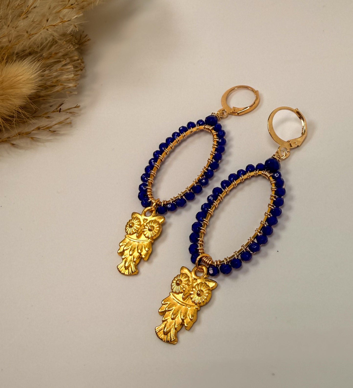 Gold Chandelier Earrings with Navy crystals and Gold Owl Charm