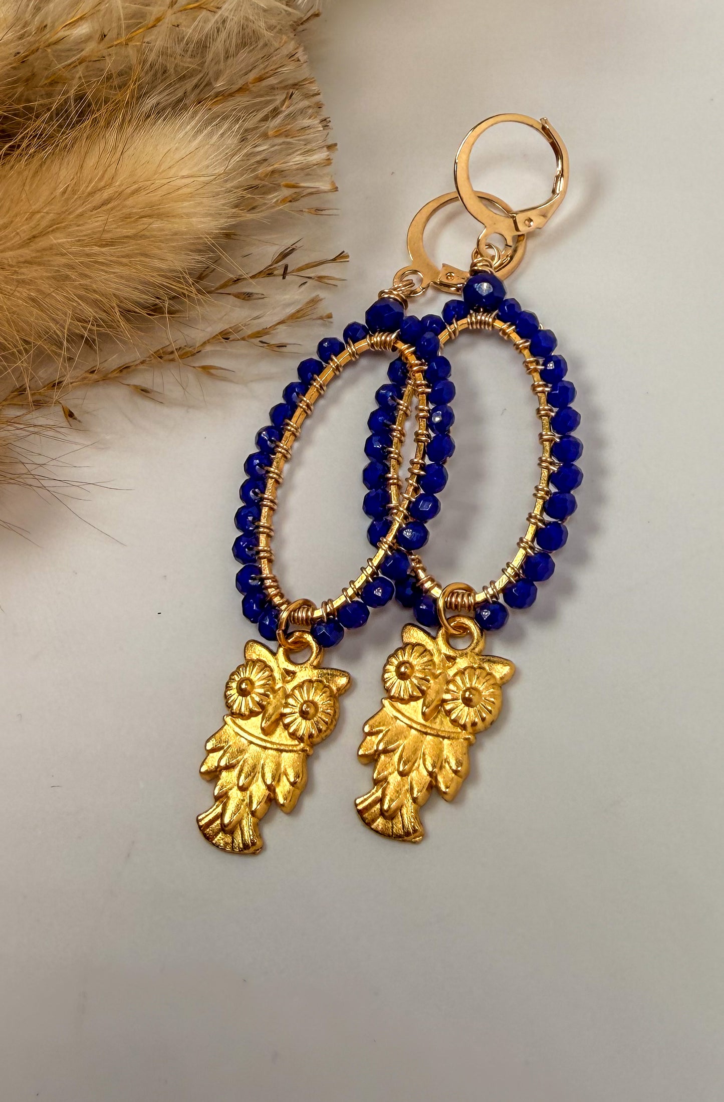 Gold Chandelier Earrings with Navy crystals and Gold Owl Charm