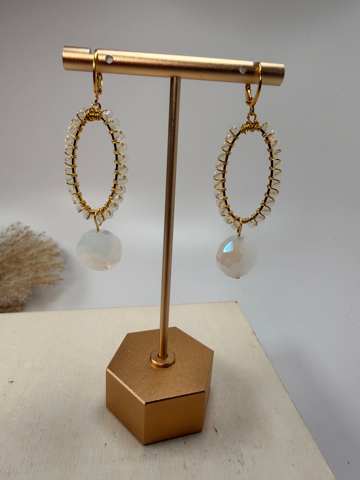 Gold wire wrapped white crystals with white Sparkle Drop Earrings