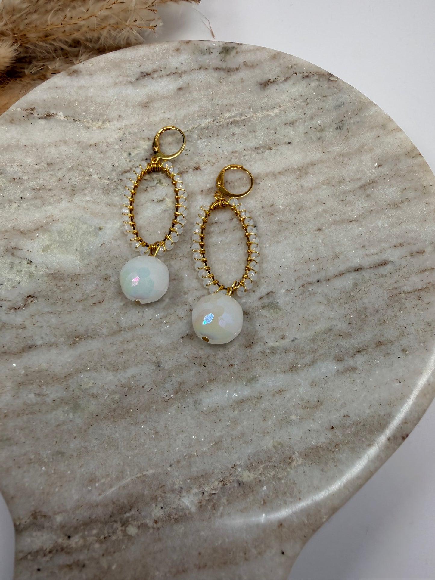 Gold wire wrapped white crystals with white Sparkle Drop Earrings