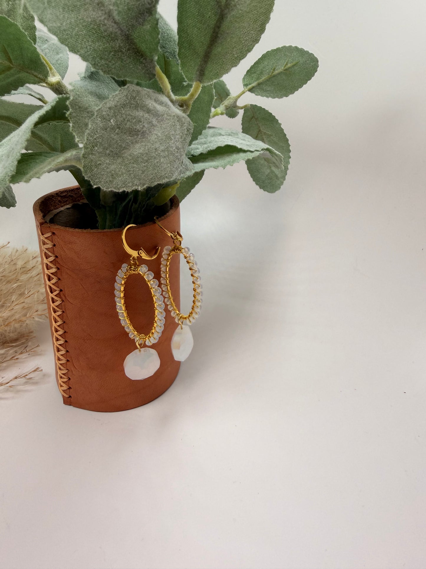 Gold wire wrapped white crystals with white Sparkle Drop Earrings