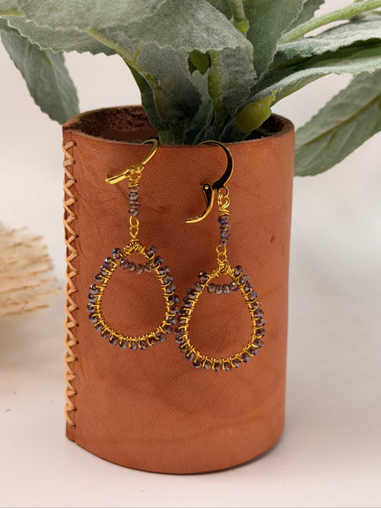 Wire Wrapped Dark Lavender Chandelier Tear Drop Crystal Earrings