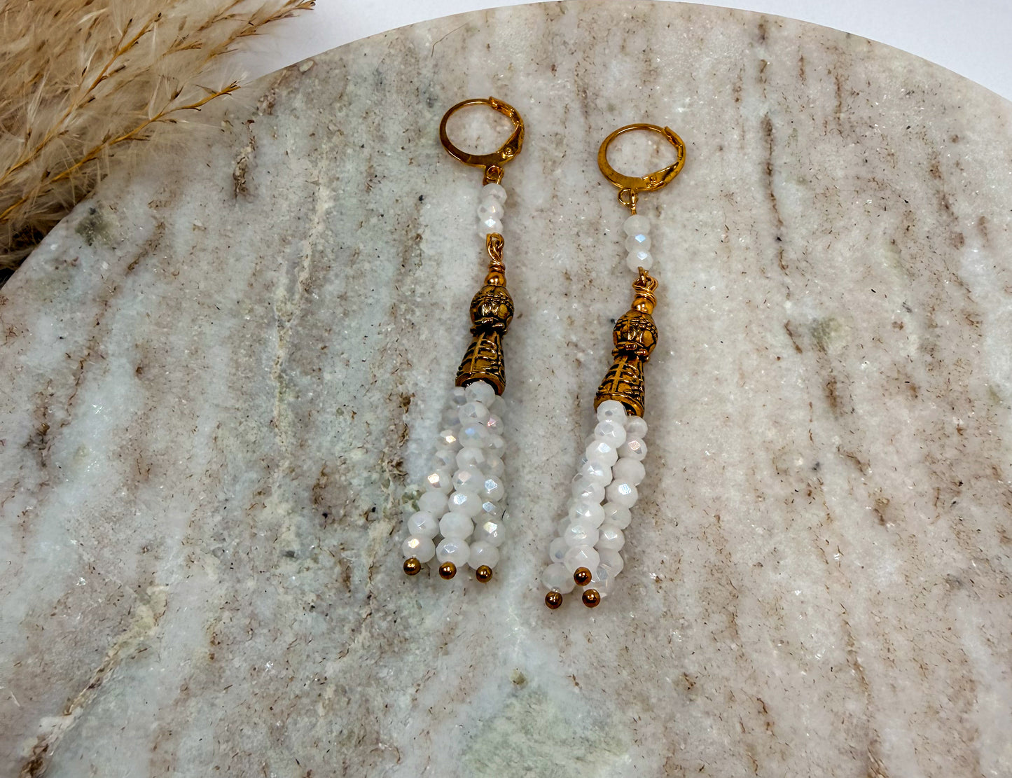 Fringe Dangle White Crystals Golden Chandelier Earrings