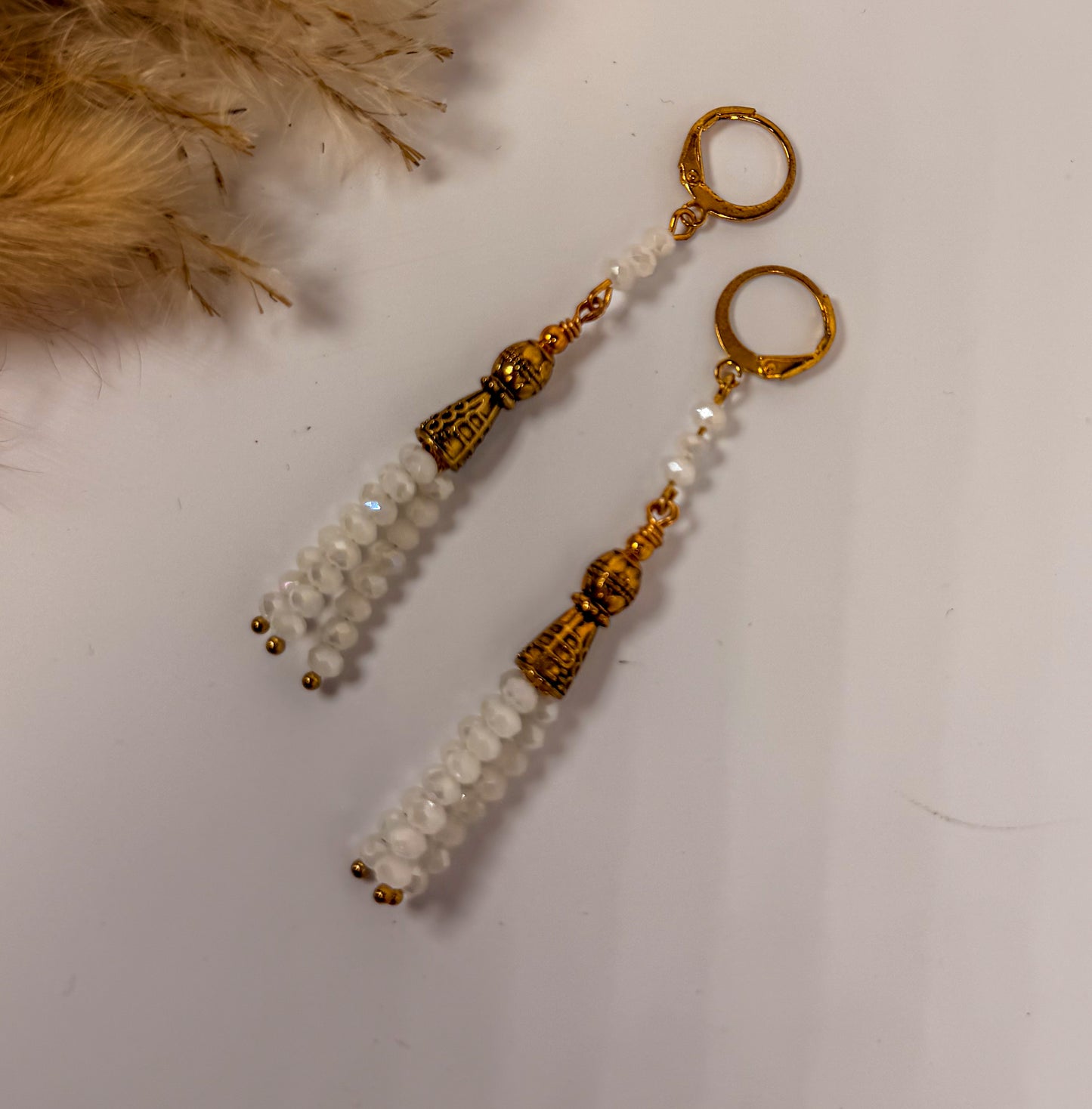 Fringe Dangle White Crystals Golden Chandelier Earrings