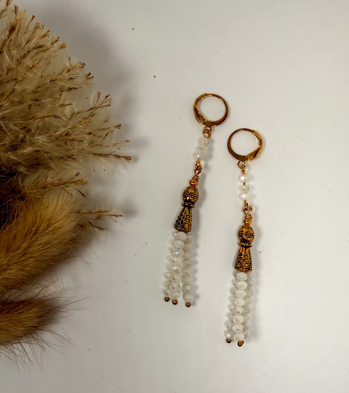 Fringe Dangle White Crystals Golden Chandelier Earrings