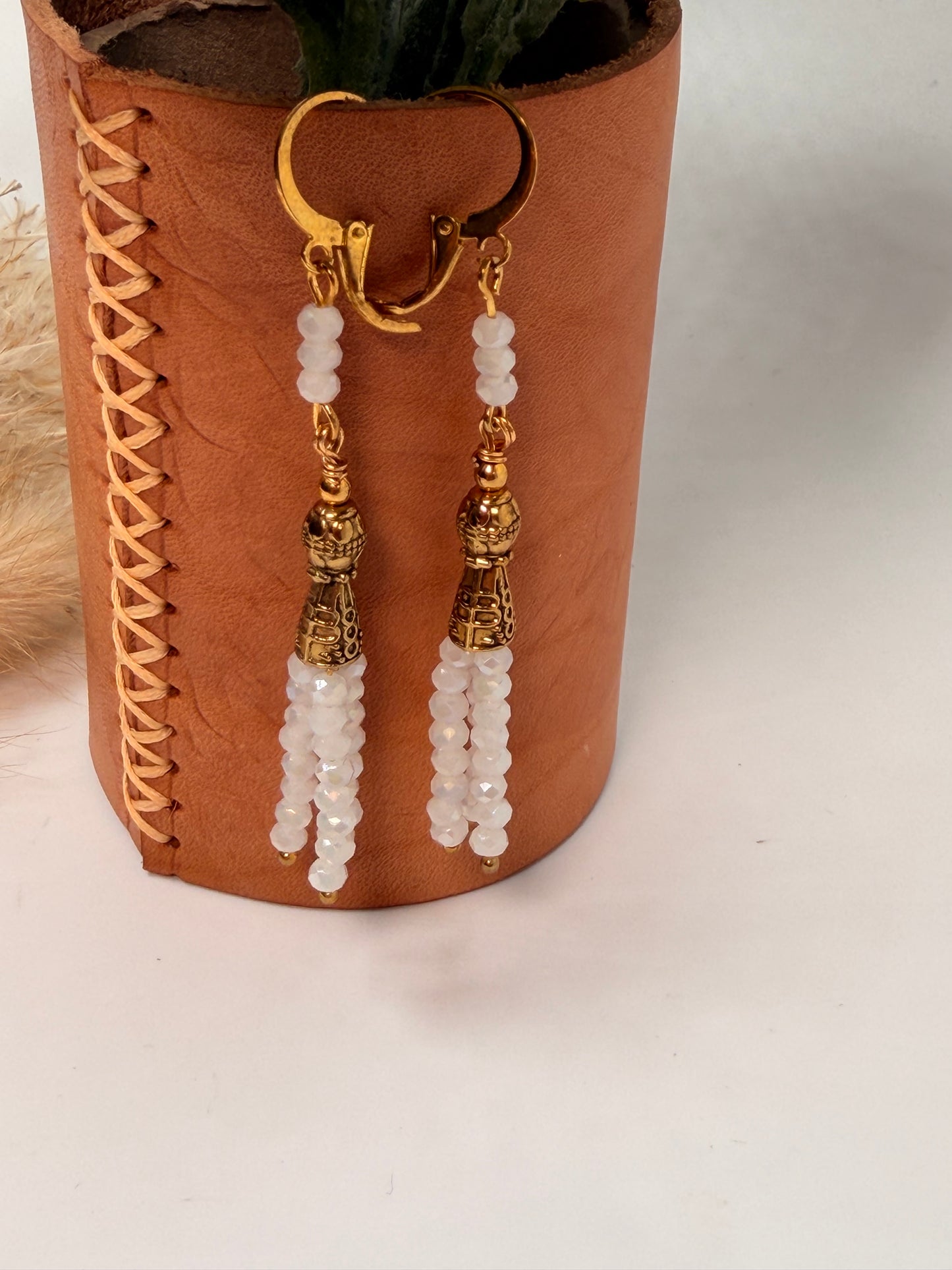 Fringe Dangle White Crystals Golden Chandelier Earrings