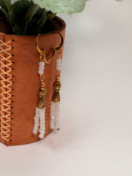 Fringe Dangle White Crystals Golden Chandelier Earrings