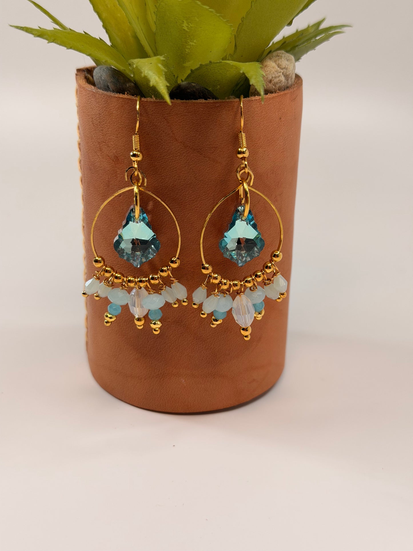 Blue Shiny Crystal Dangle Gold Chandelier Earrings