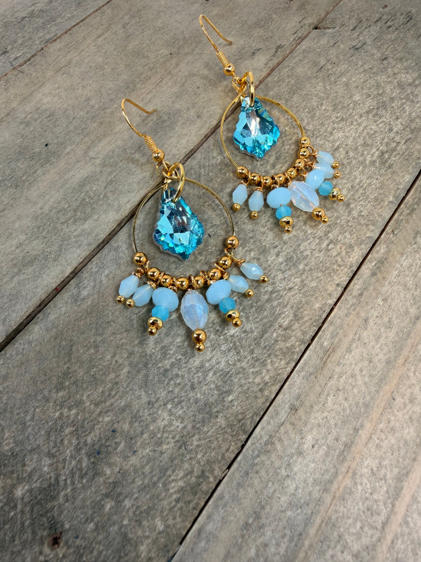 Blue Shiny Crystal Dangle Gold Chandelier Earrings