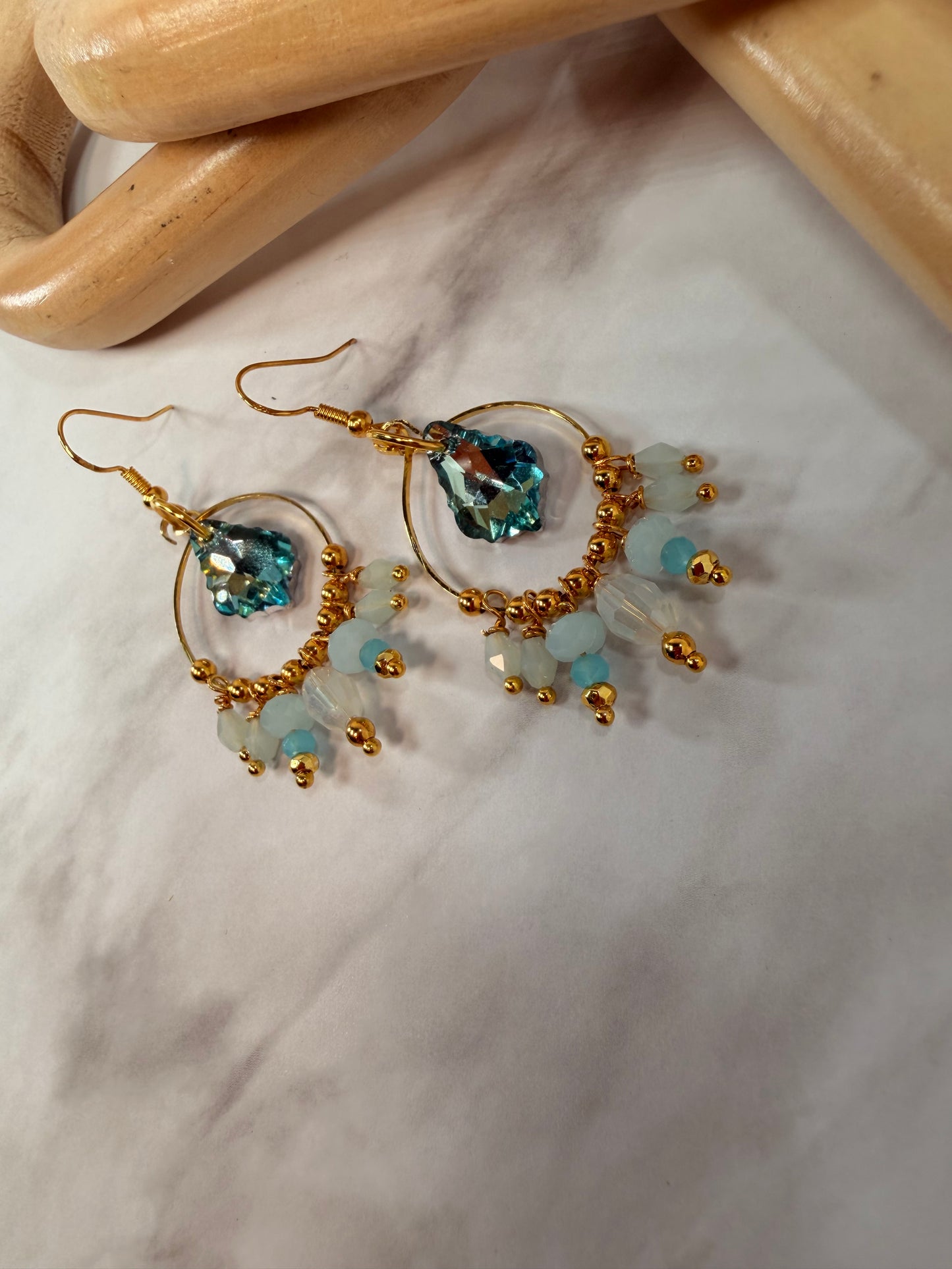 Blue Shiny Crystal Dangle Gold Chandelier Earrings