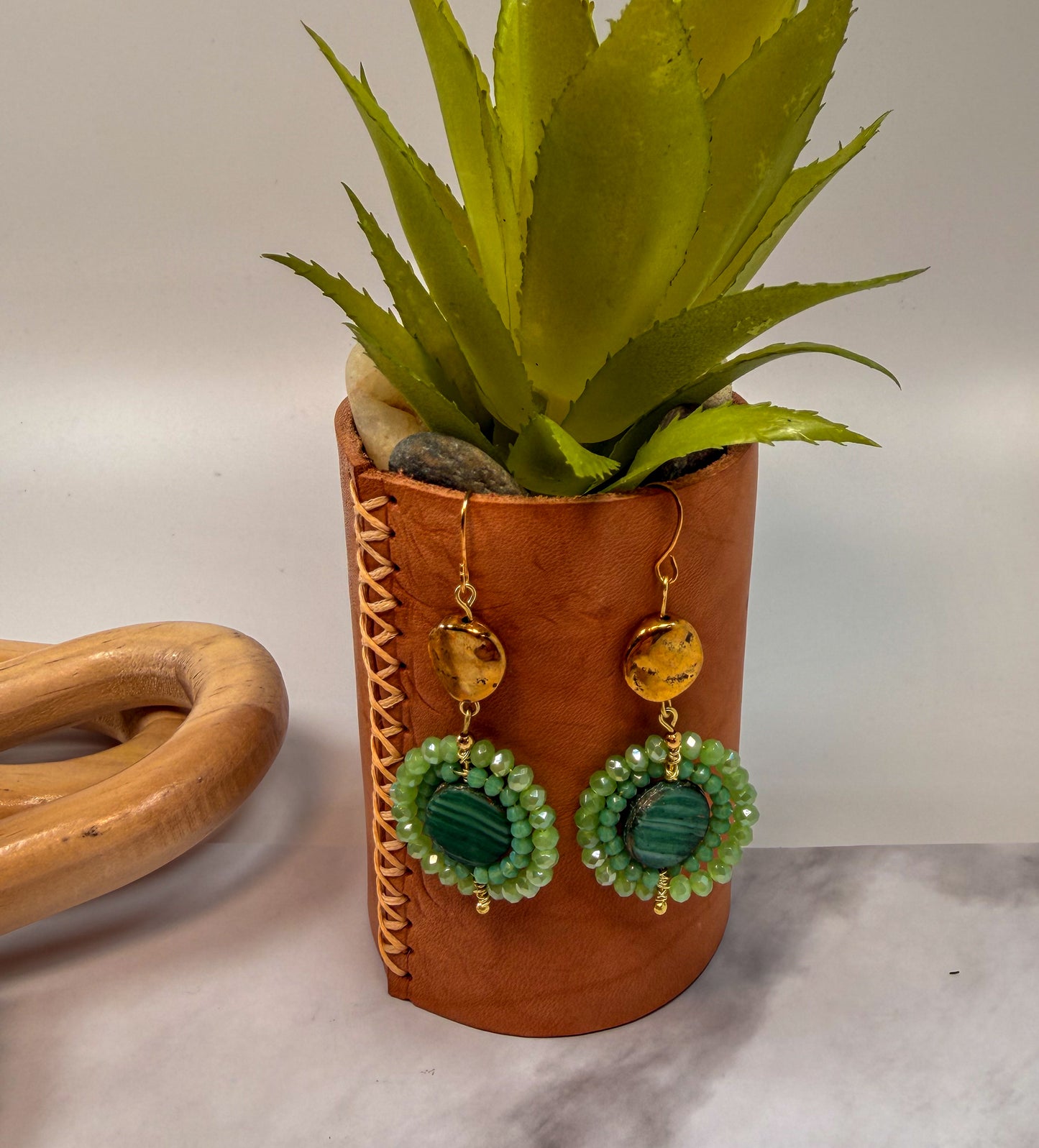 Green Circular semi precious stones with Circle Gold Charm Earrings