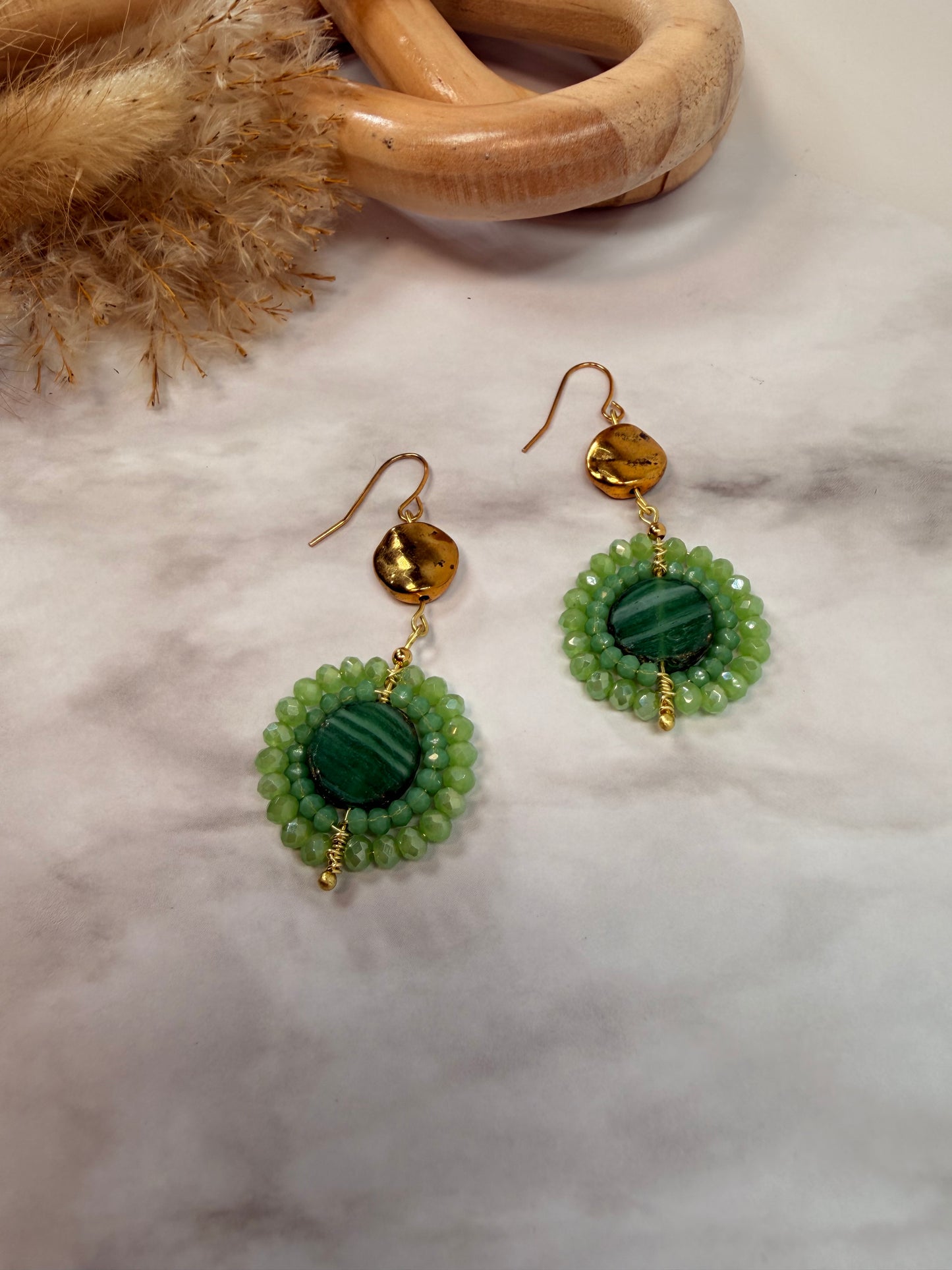 Green Circular semi precious stones with Circle Gold Charm Earrings