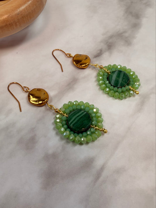 Green Circular semi precious stones with Circle Gold Charm Earrings