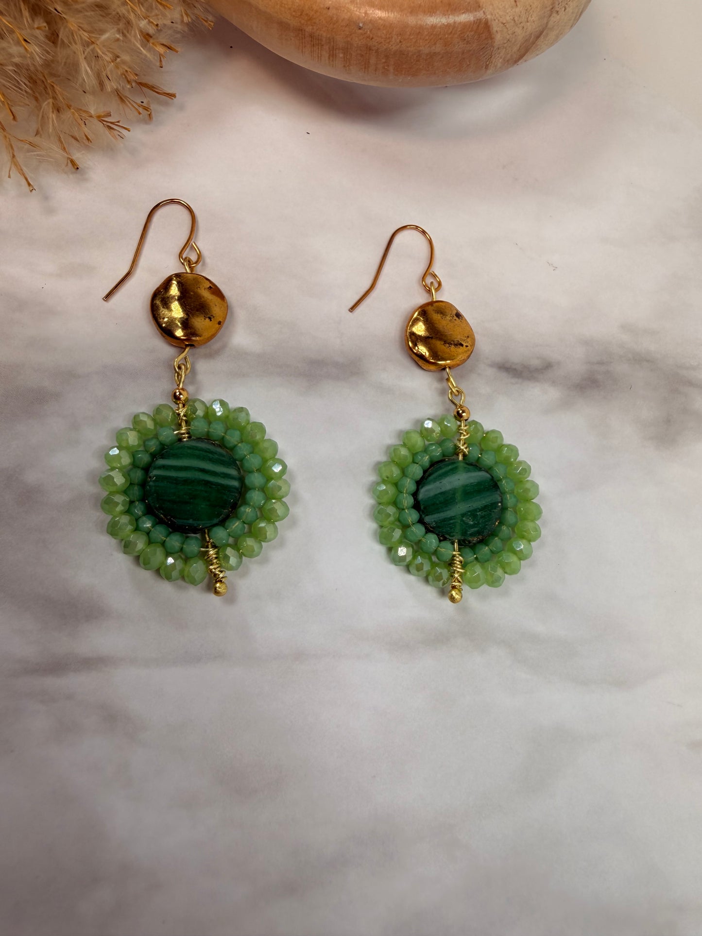 Green Circular semi precious stones with Circle Gold Charm Earrings