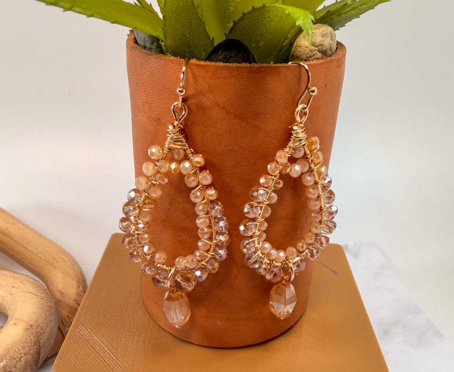 Gold Wire Wrapped Camel Crystals Ombre Teardrop Chandelier Earrings