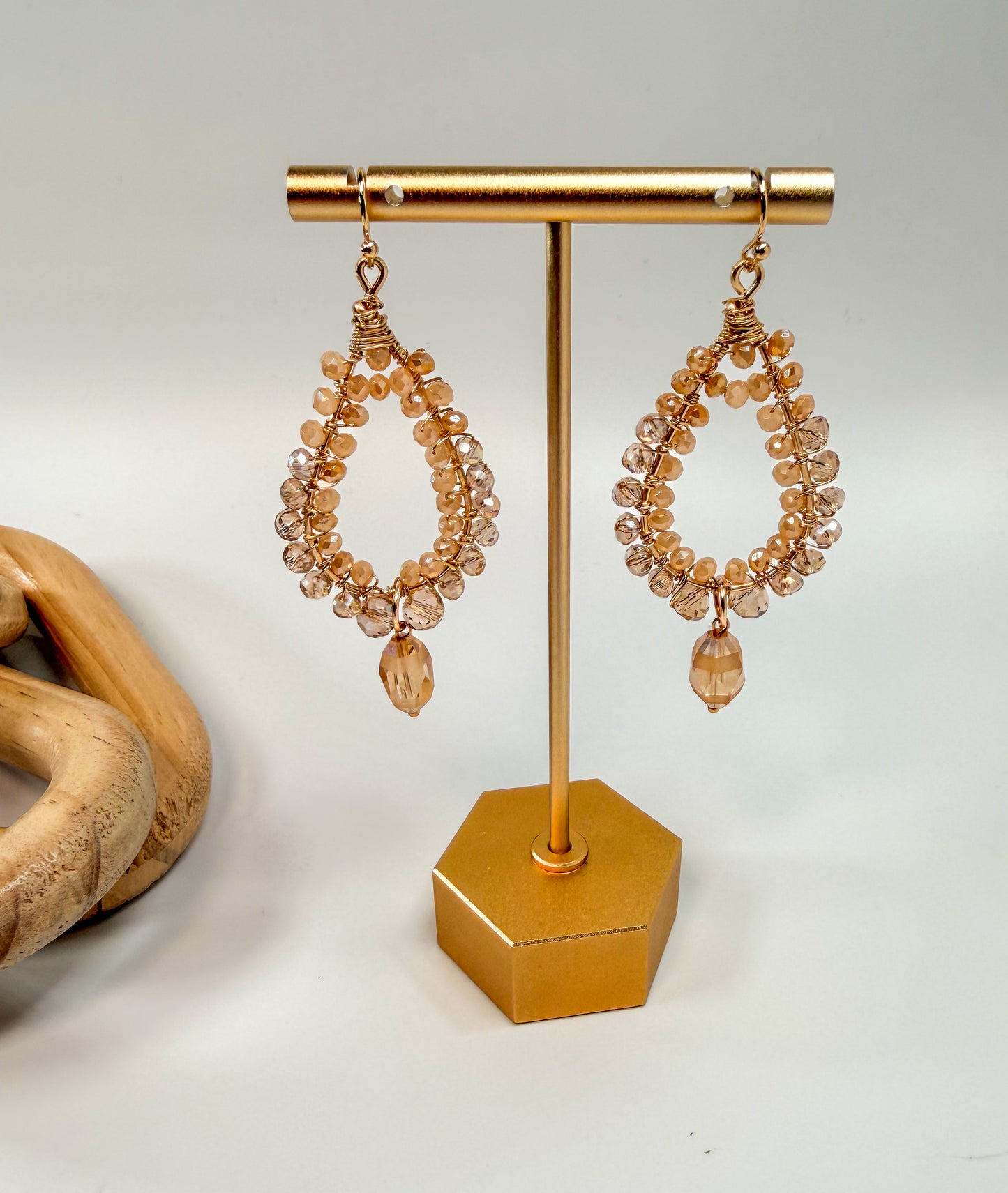 Gold Wire Wrapped Camel Crystals Ombre Teardrop Chandelier Earrings