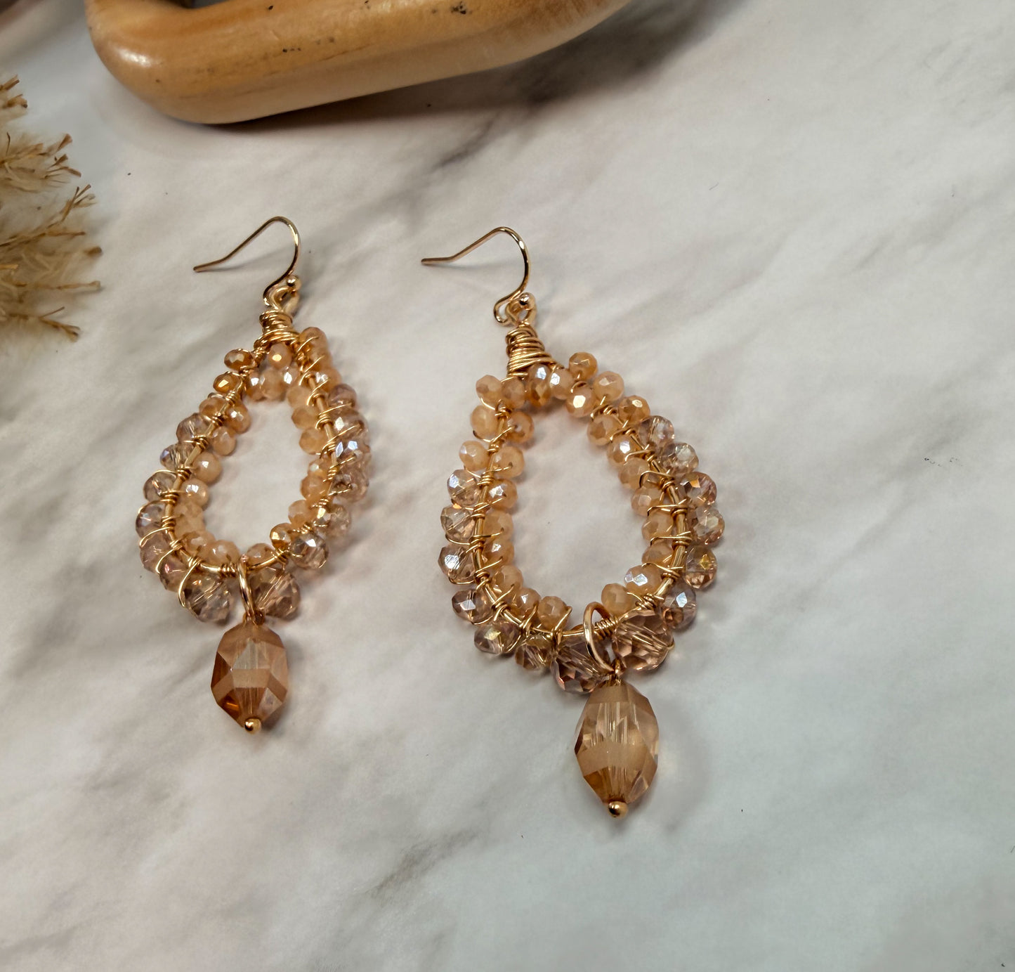 Gold Wire Wrapped Camel Crystals Ombre Teardrop Chandelier Earrings