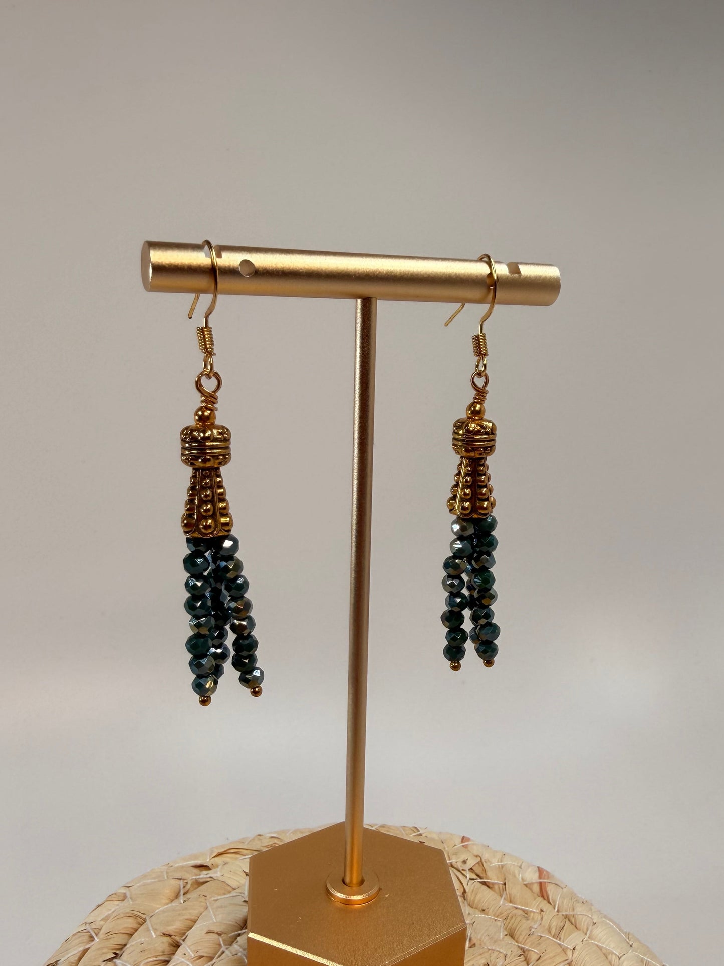 Green Crystal Tassels Dangle earrings with Gold accents and