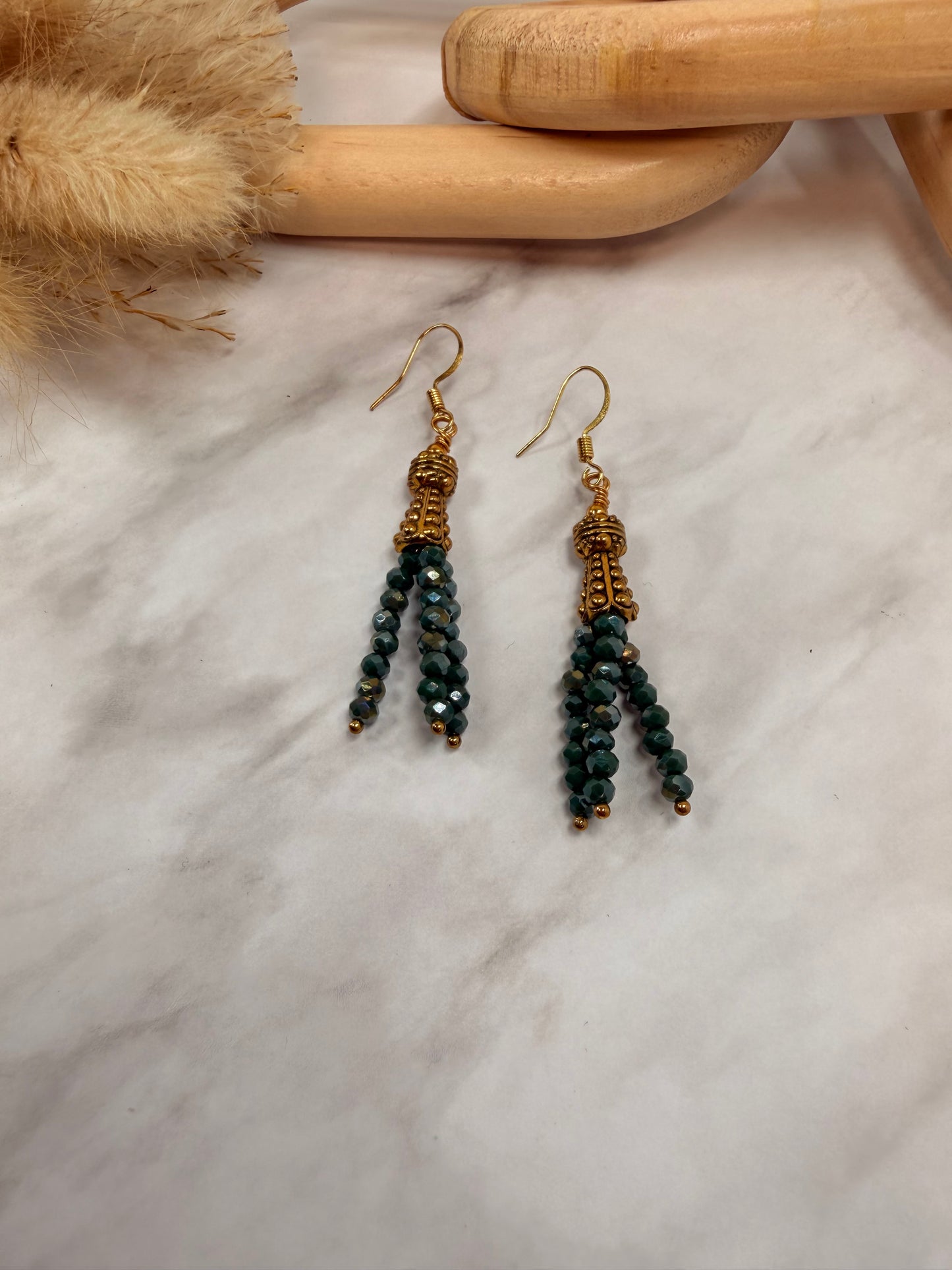 Green Crystal Tassels Dangle earrings with Gold accents and