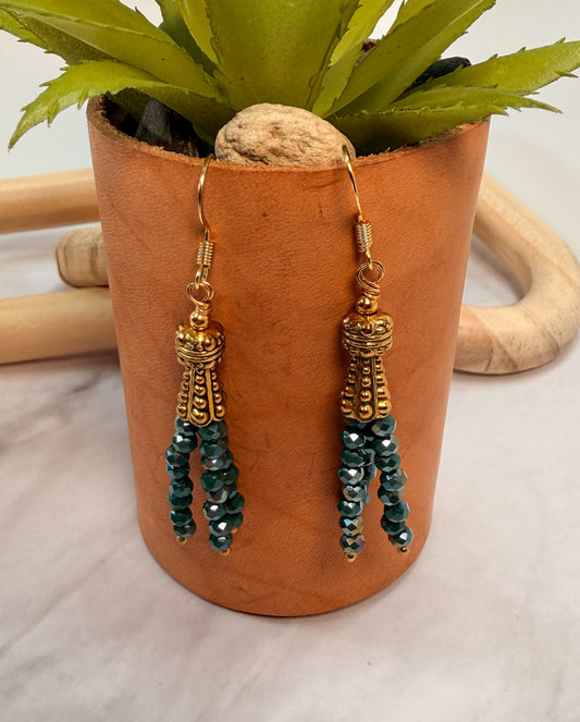 Green Crystal Tassels Dangle earrings with Gold accents and