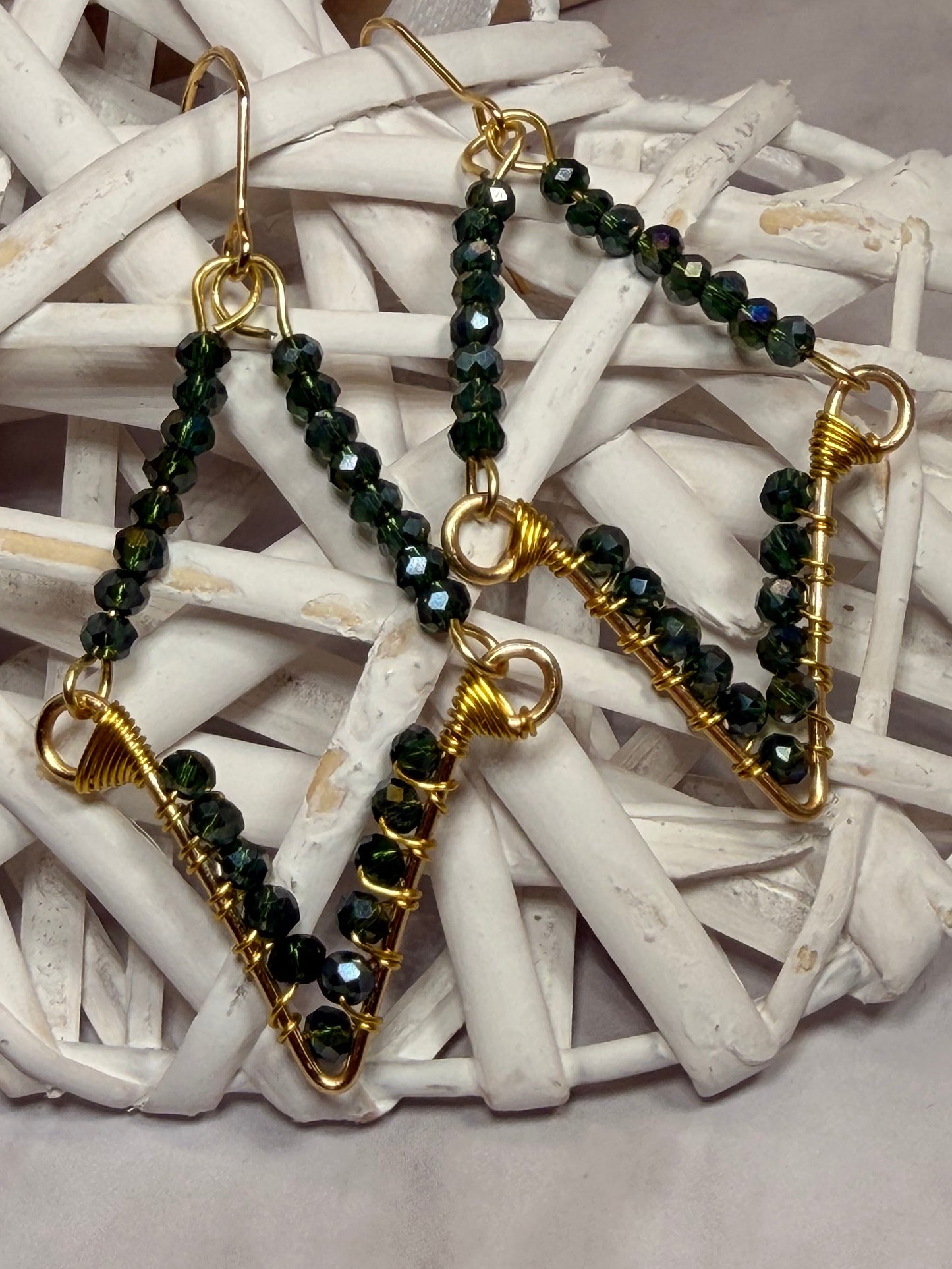 Crystal Hunter Green Glass Beaded Gold Dangle Statement Earrings
