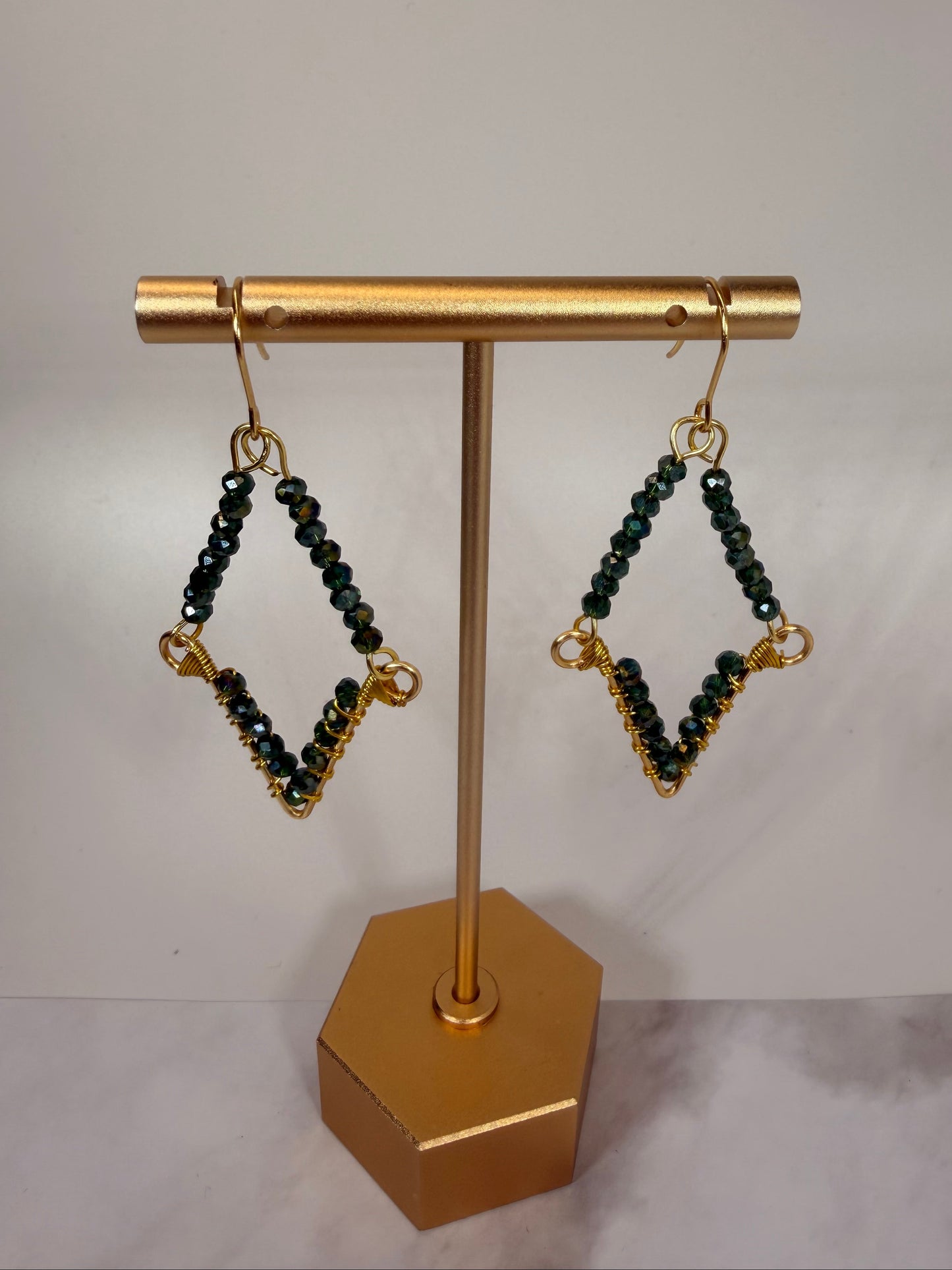 Crystal Hunter Green Glass Beaded Gold Dangle Statement Earrings