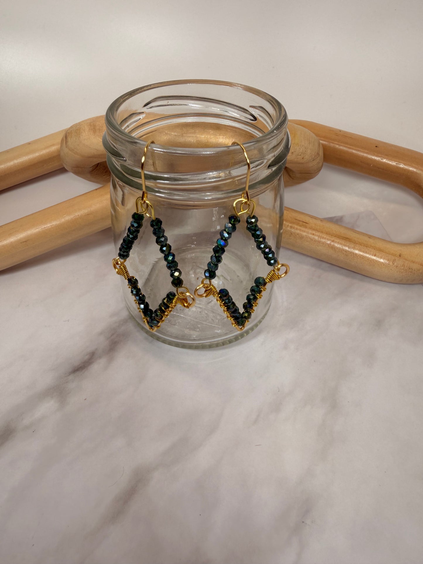 Crystal Hunter Green Glass Beaded Gold Dangle Statement Earrings