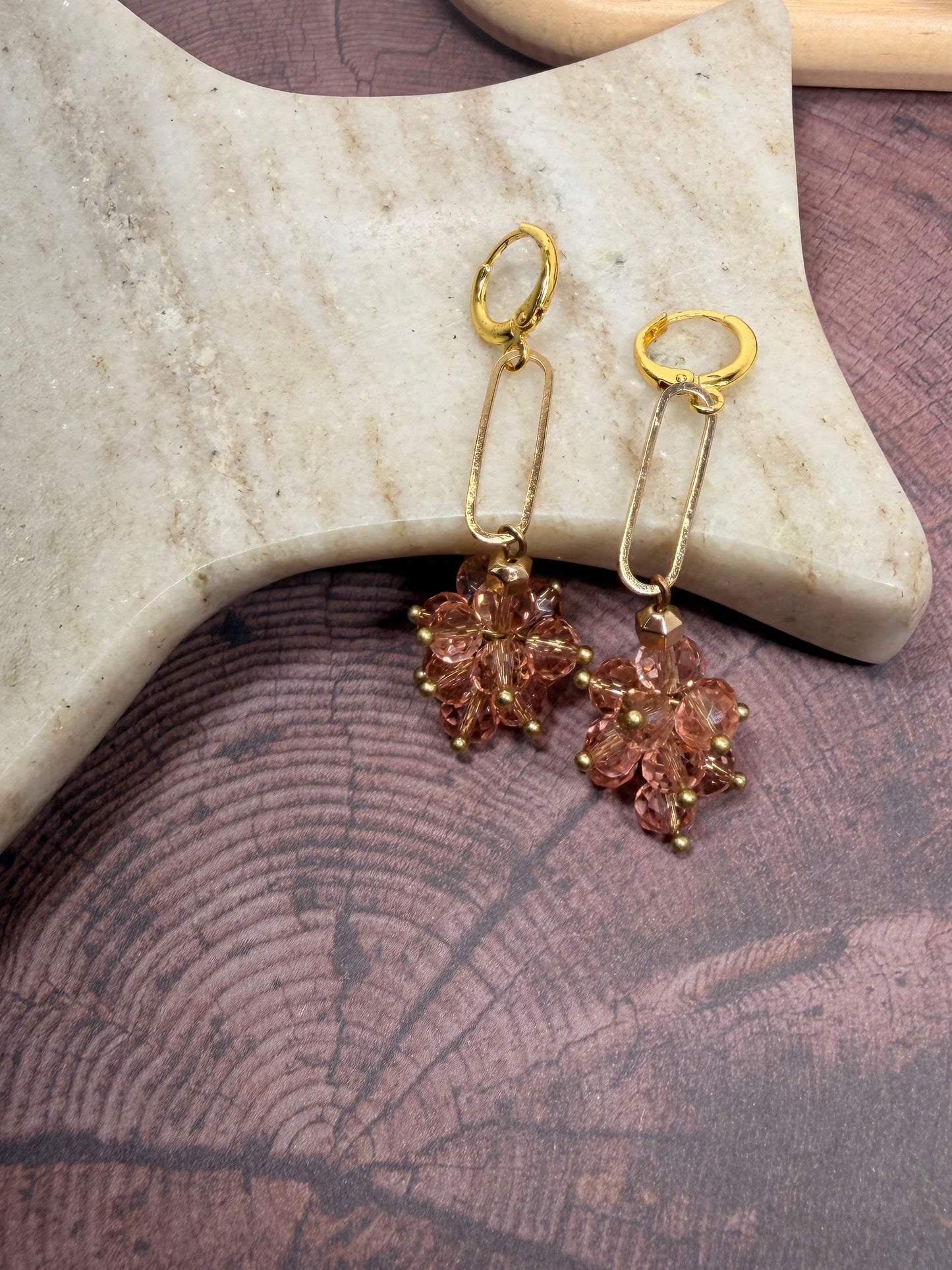 Rose Pink Cluster Crystals Long Golden Earrings