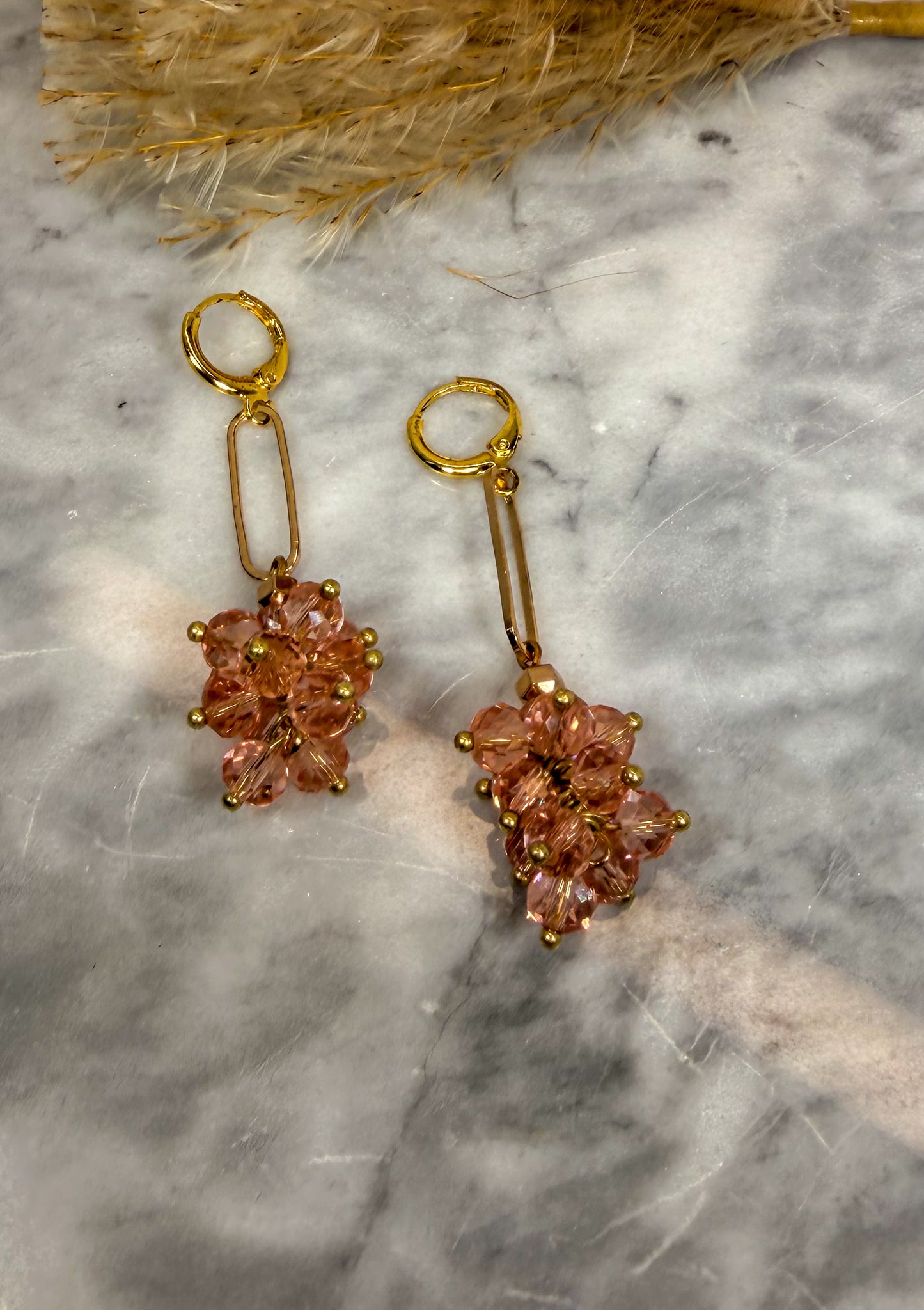 Rose Pink Cluster Crystals Long Golden Earrings