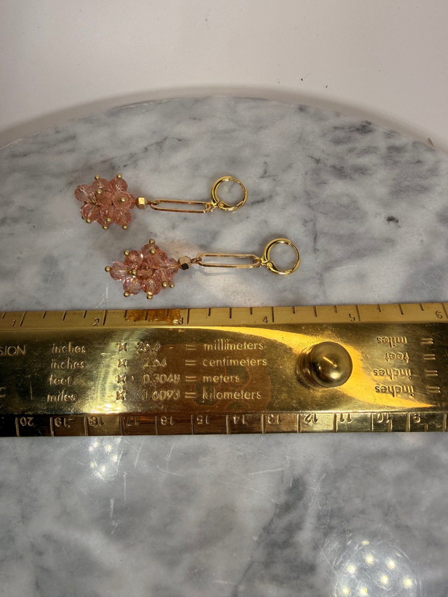 Rose Pink Cluster Crystals Long Golden Earrings