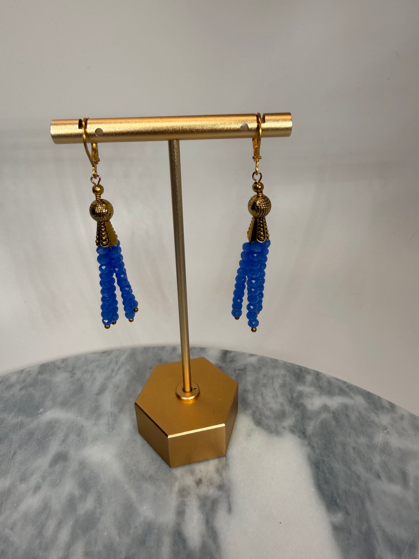 Electric Blue Glass Crystal Tassel Earrings with Gold accents