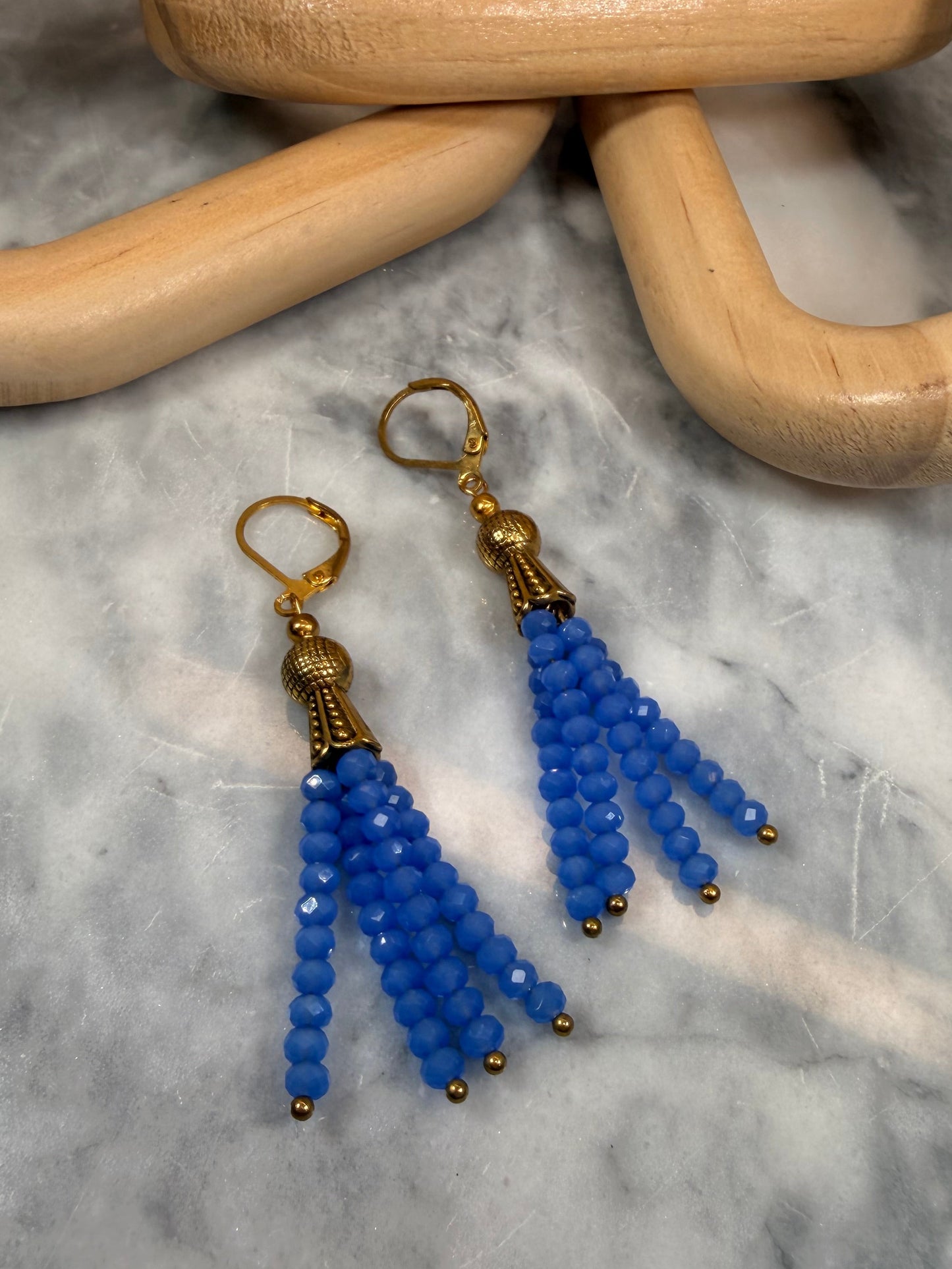 Electric Blue Glass Crystal Tassel Earrings with Gold accents